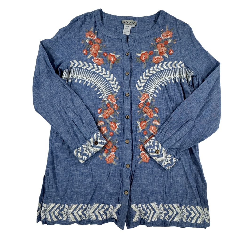 A La Carte Embroidered Cotton Button Front  Blouse Women's M Boho Cottage Whimsy